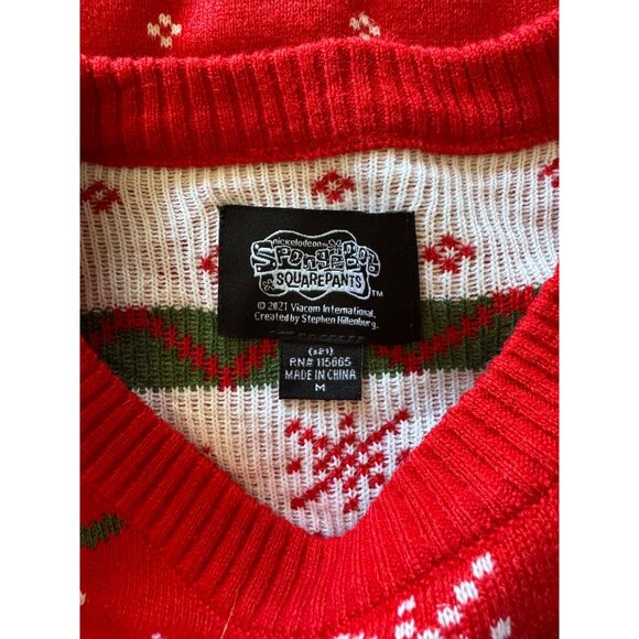 SpongeBob SquarePants Christmas Sweater Mens M Red White Snowflake Tree - Picture 3 of 6